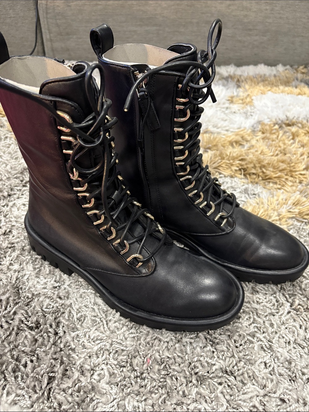 Women's Black Lace-Up Combat Boots with Side Zip